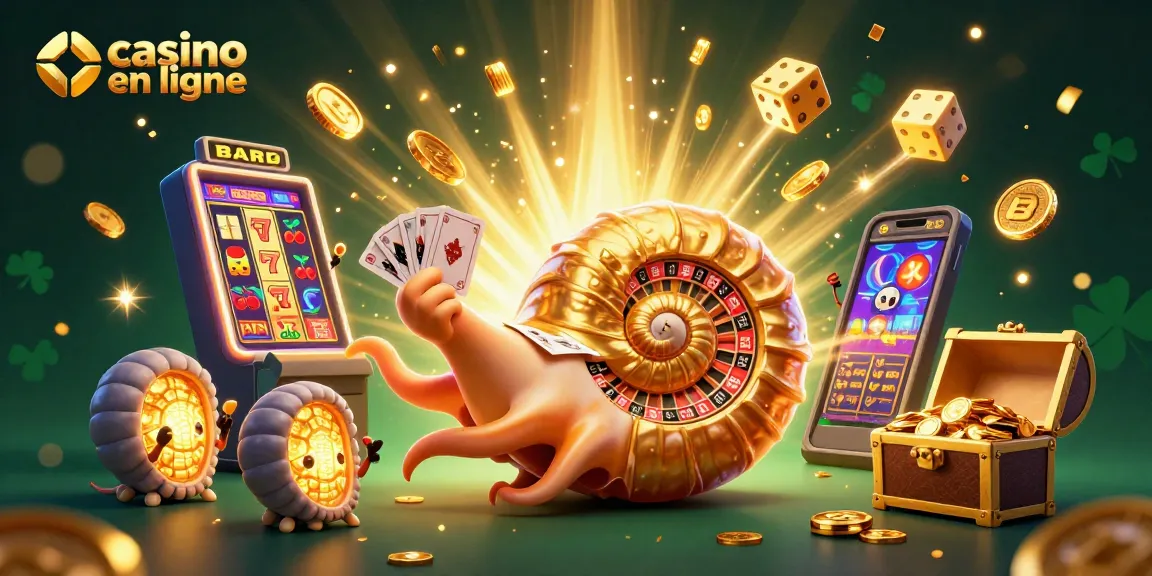 Jouez aux machines à sous sur un casino en ligne animé avec un nautilus géant et un trésor d'or.