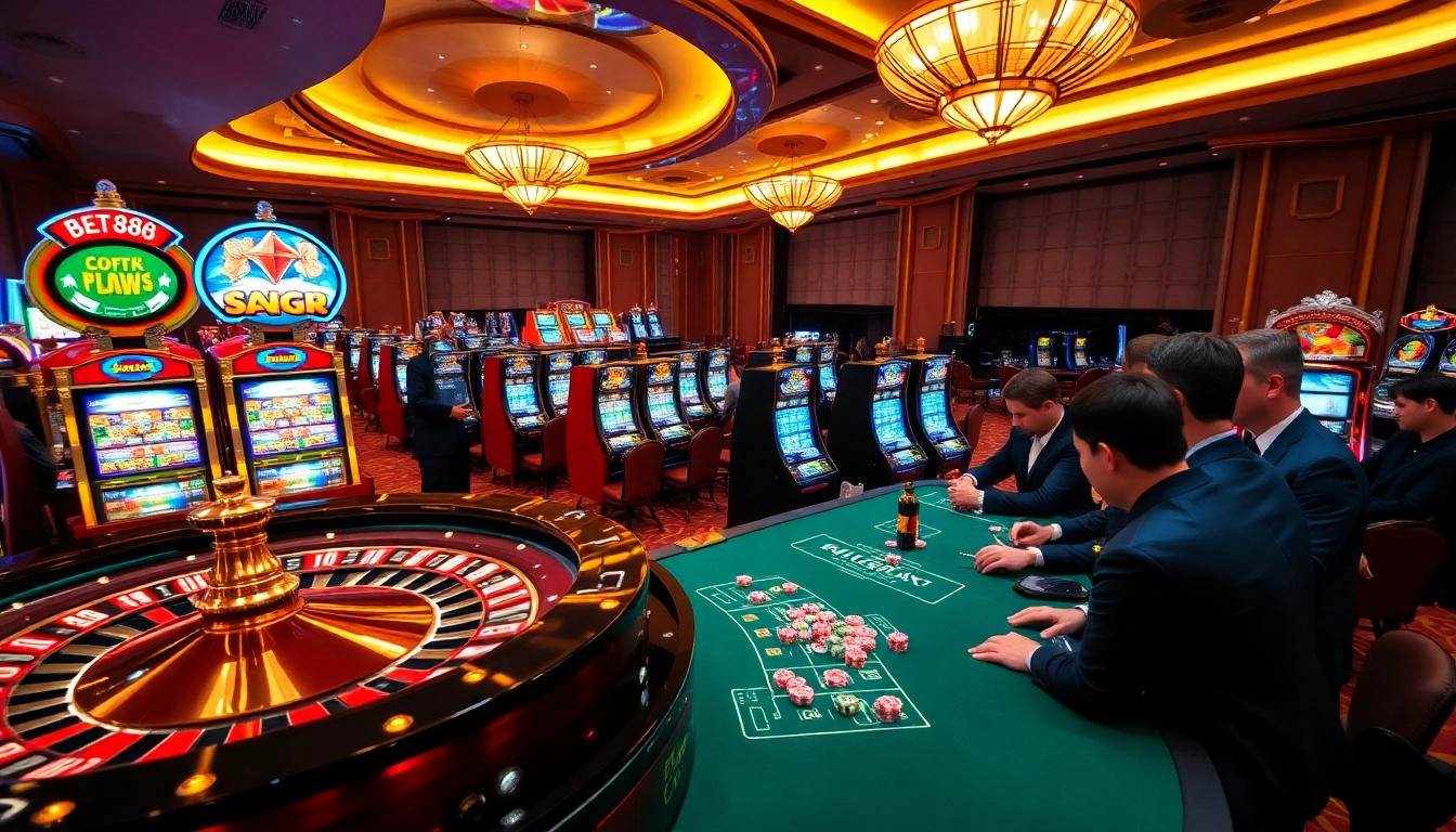 Experience the thrills at BET88's casino with players engaging at tables and machines.