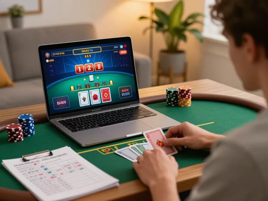 Engaging gojekpot online blackjack gameplay session with player using laptop at home.