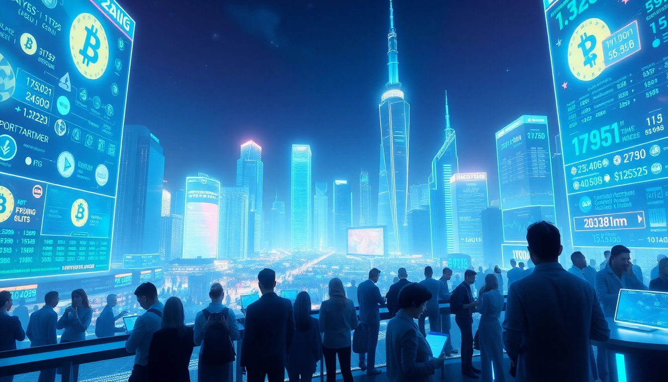 Futuristic cryptocurrency landscape representing Crypto 2026 with digital displays and diverse traders.