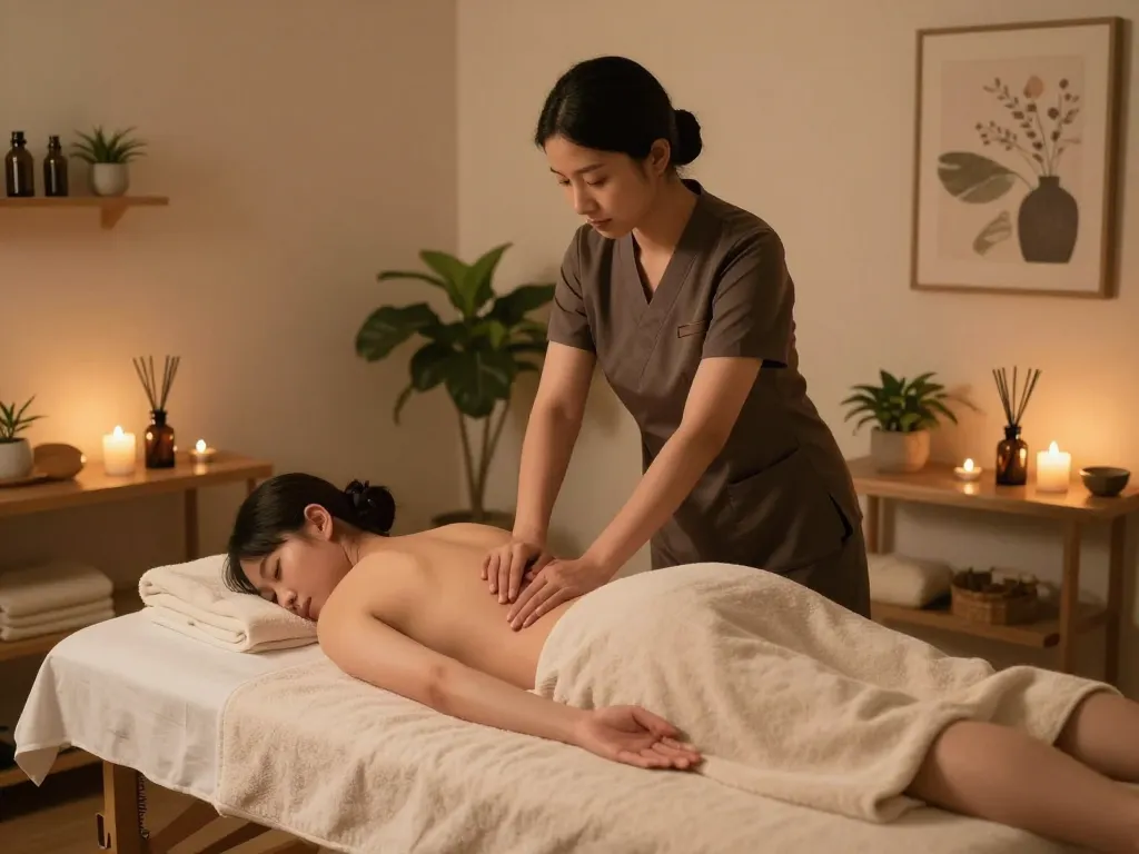 신사동마사지 in a serene spa setting with a therapist giving a relaxing Swedish massage