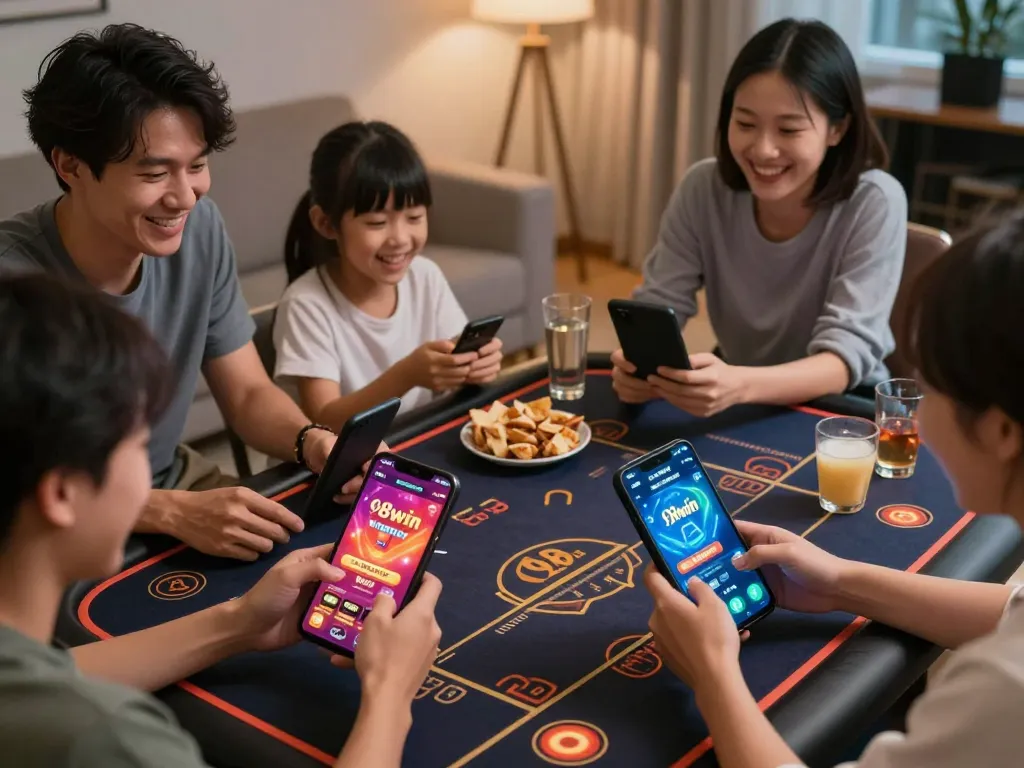 Players enjoying mobile casino games at home on 98win app, combining fun gameplay and strategic interaction.