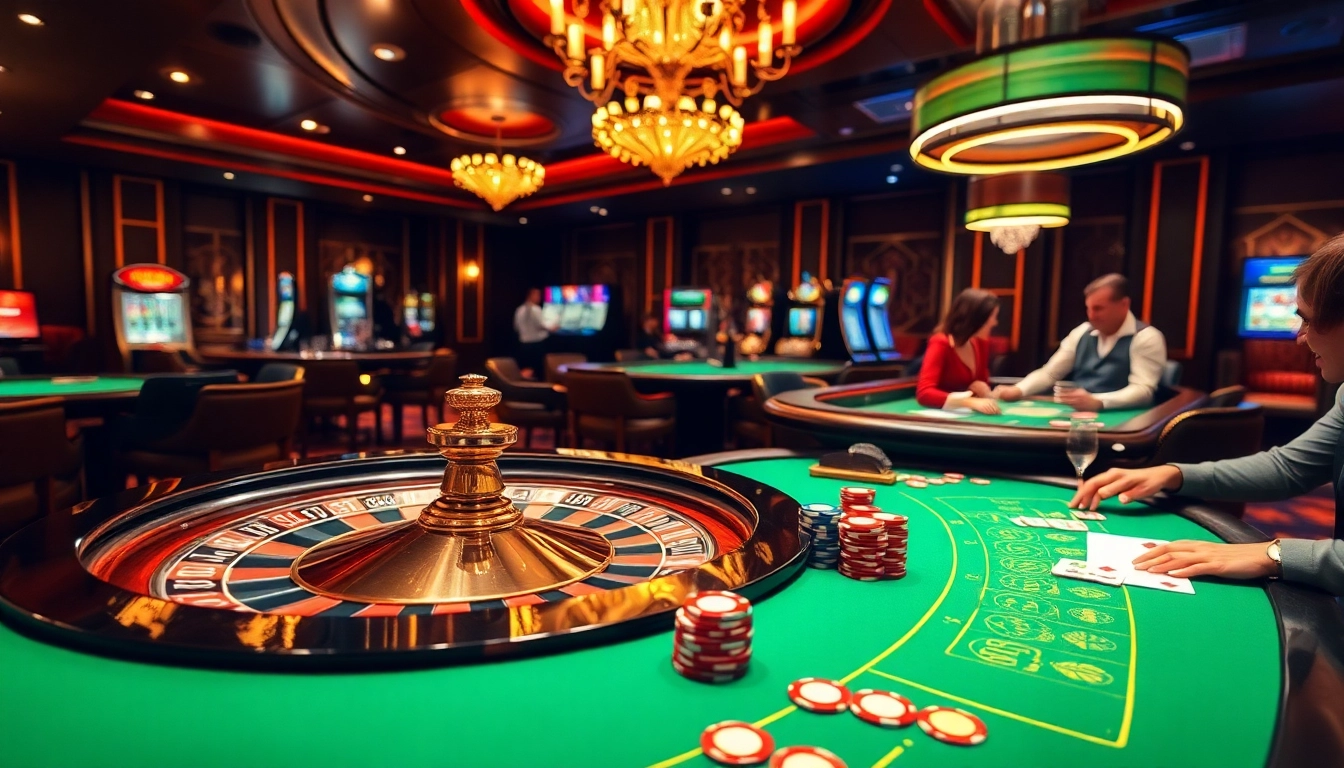 Experience thrilling gameplay with VK88 at a luxurious casino featuring roulette and poker tables.