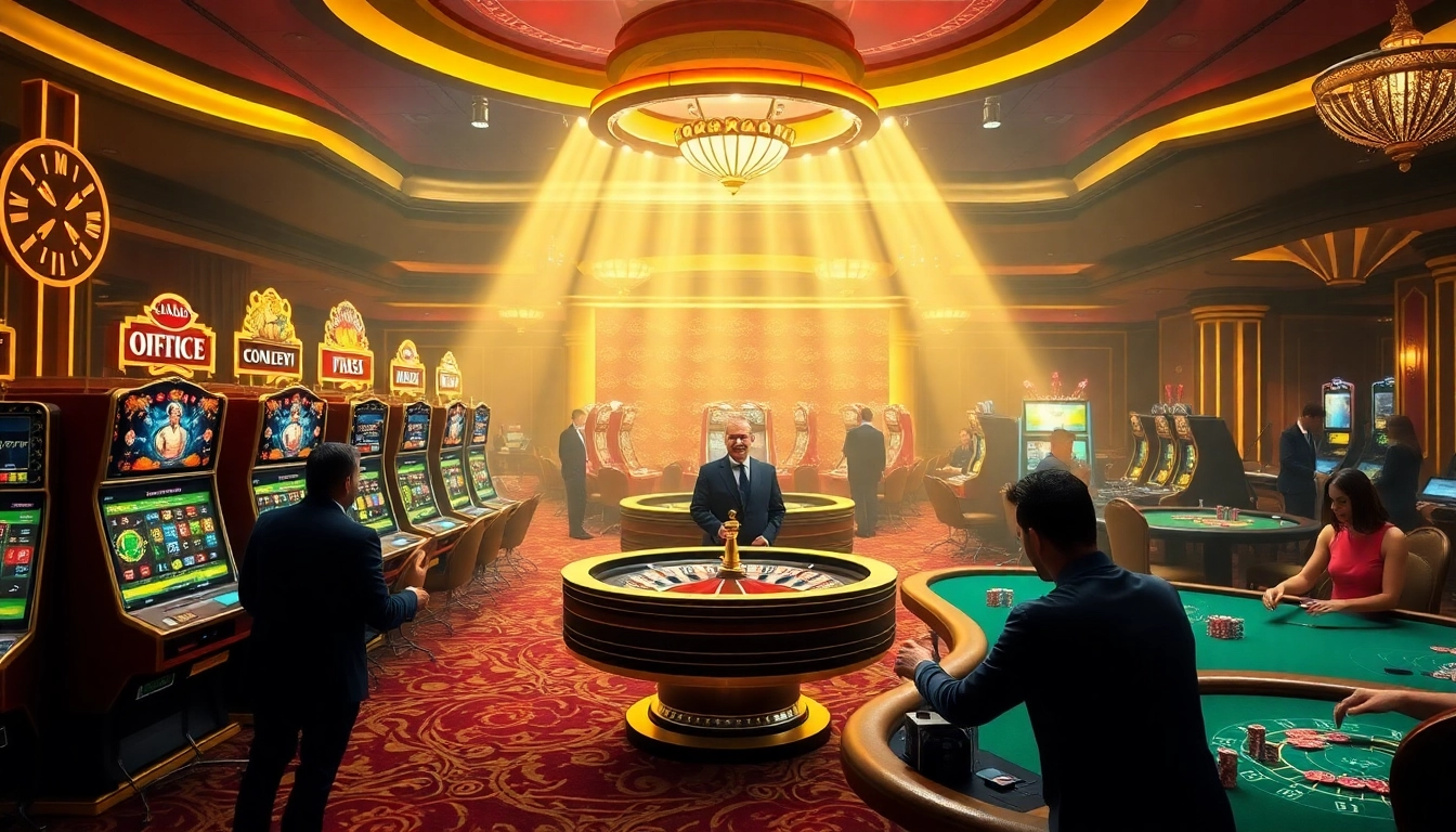 A dynamic casino scene showcasing players enjoying games and betting at https://www.jl55.one/ with vibrant slot machines and roulette tables.