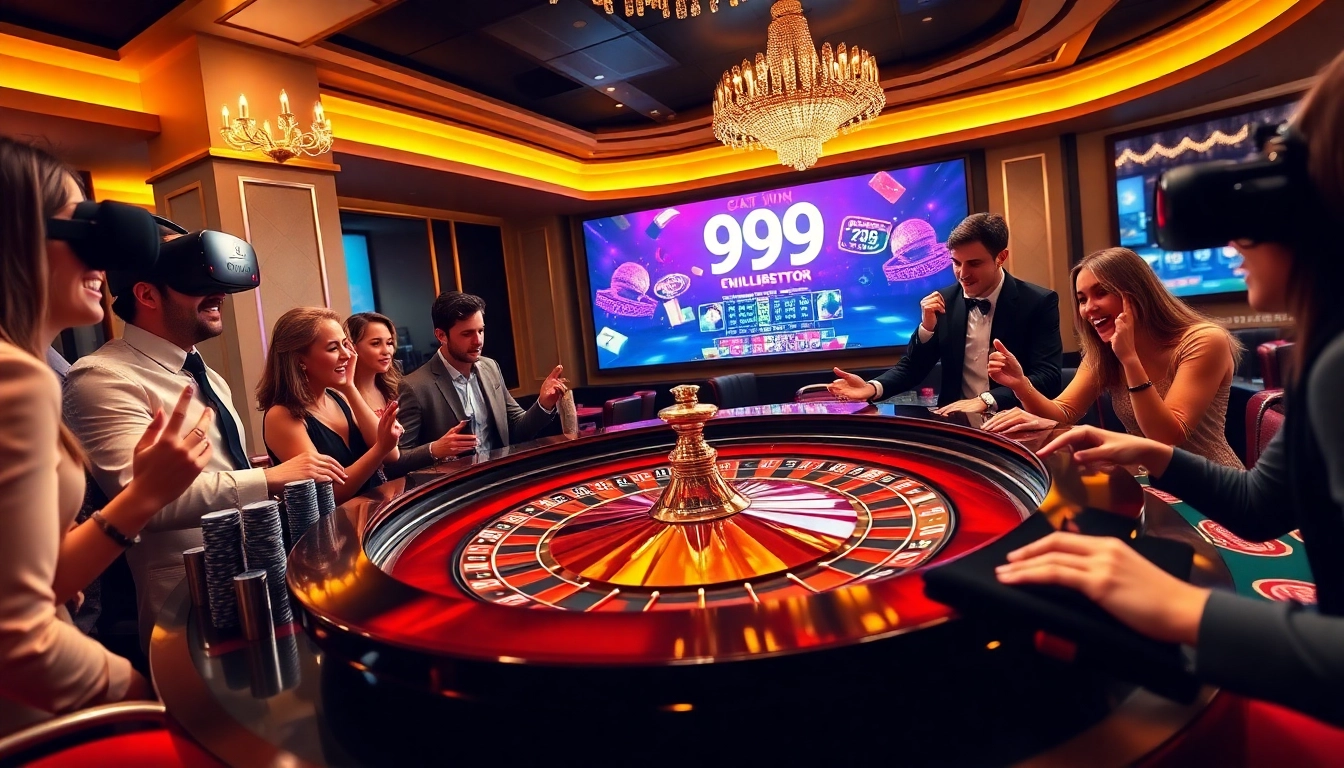 Excited players enjoying a thrilling game at the 99WIN roulette table in a luxurious casino setting.