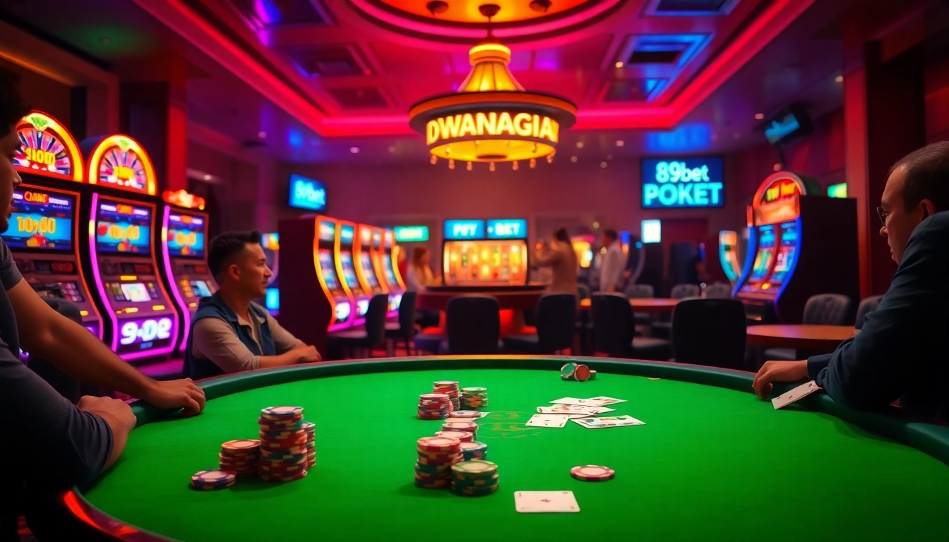 Gamblers at a vibrant poker table experiencing the thrill of 89bet, surrounded by colorful chips and cards.