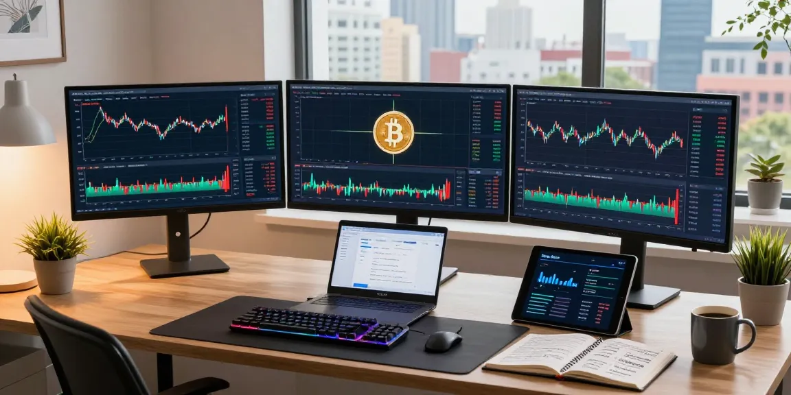 cloud mining passive income displayed on monitors in a cryptocurrency trading workspace with security and performance metrics.