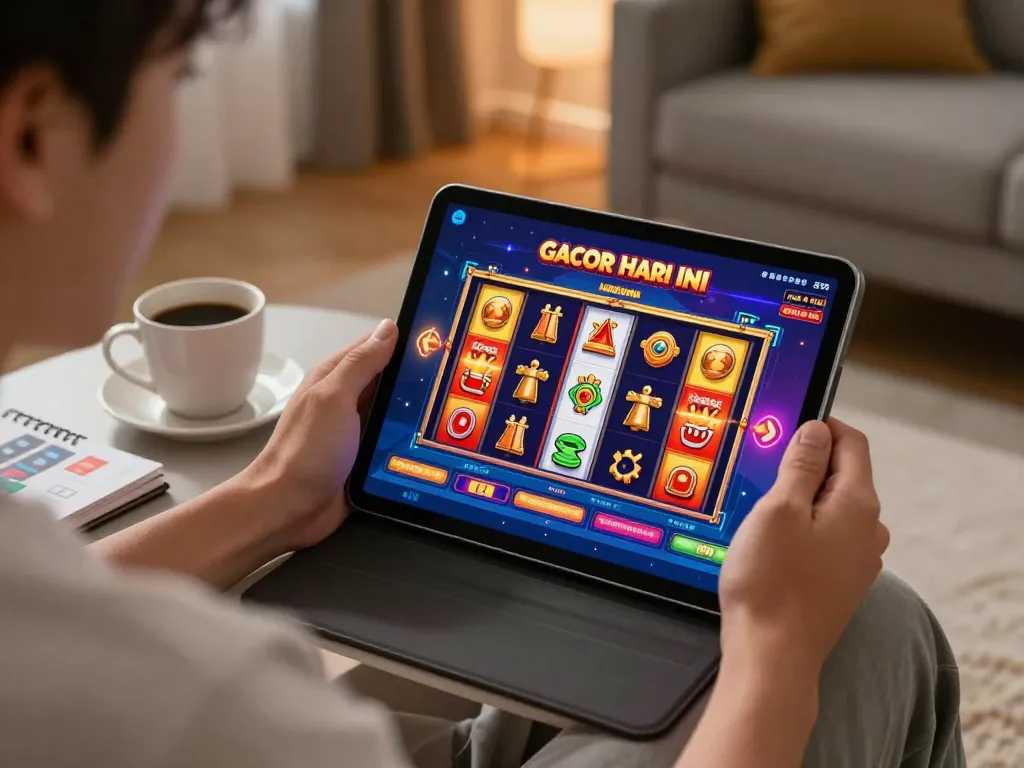 Experience the thrills of slot gacor hari ini while playing on a tablet in a cozy living room.