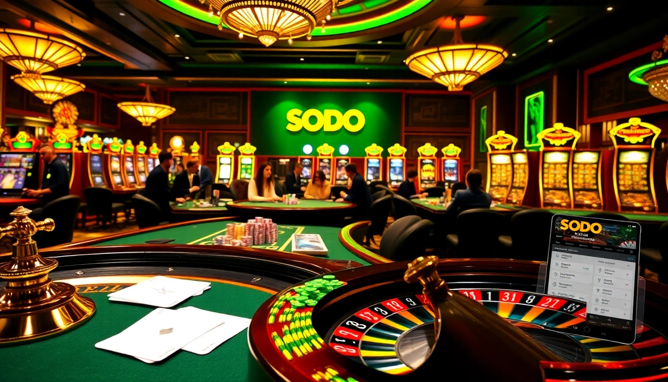 SODO casino scene featuring an engaging poker table and illuminated slot machines