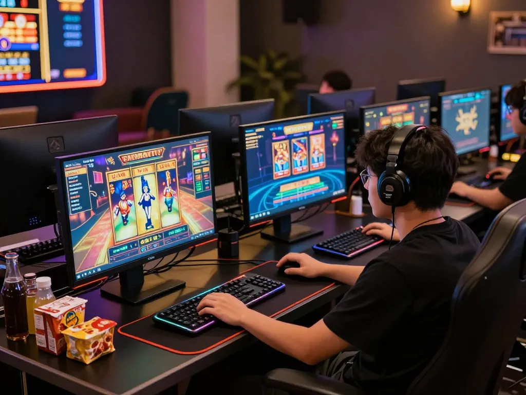 Engaging online สล็อต gaming setup showcasing multiple screens and a modern desk.