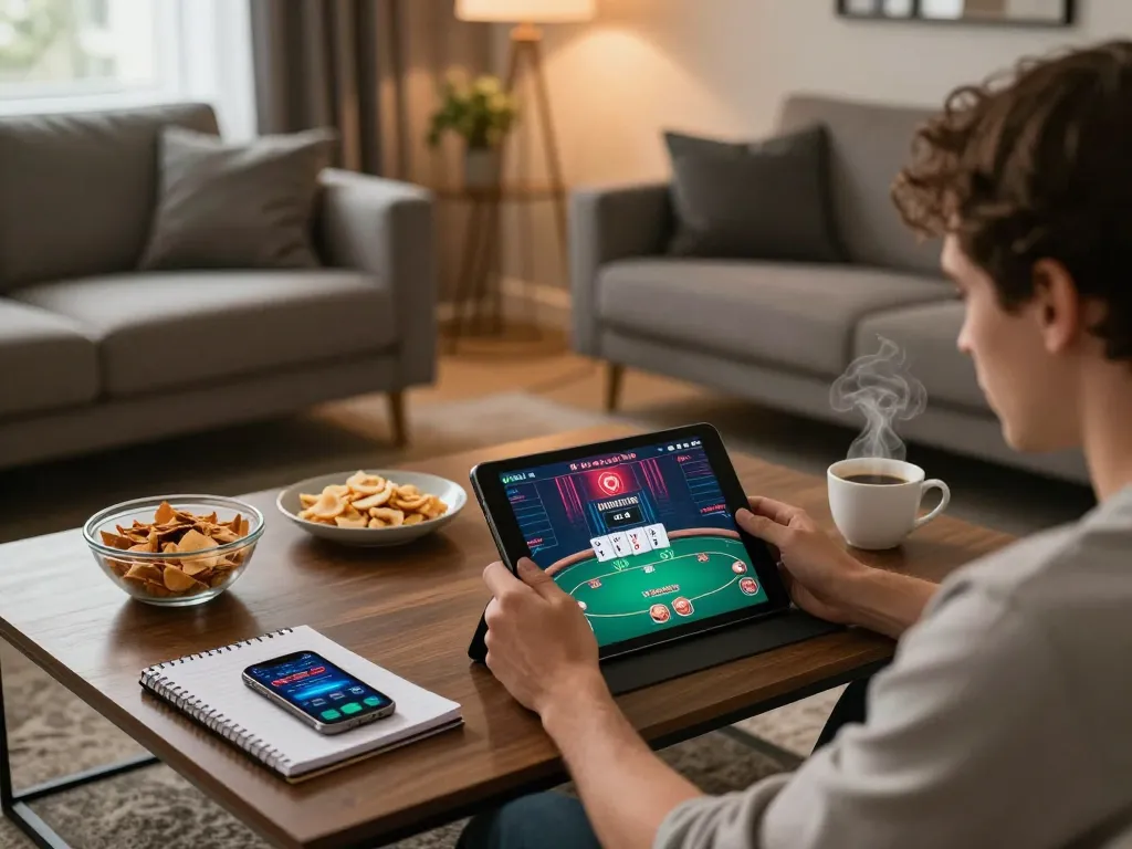 Engaging in poker gameplay on the tablet at home, showcasing strategic focus on https://cm88bet.org/ with cozy ambiance.
