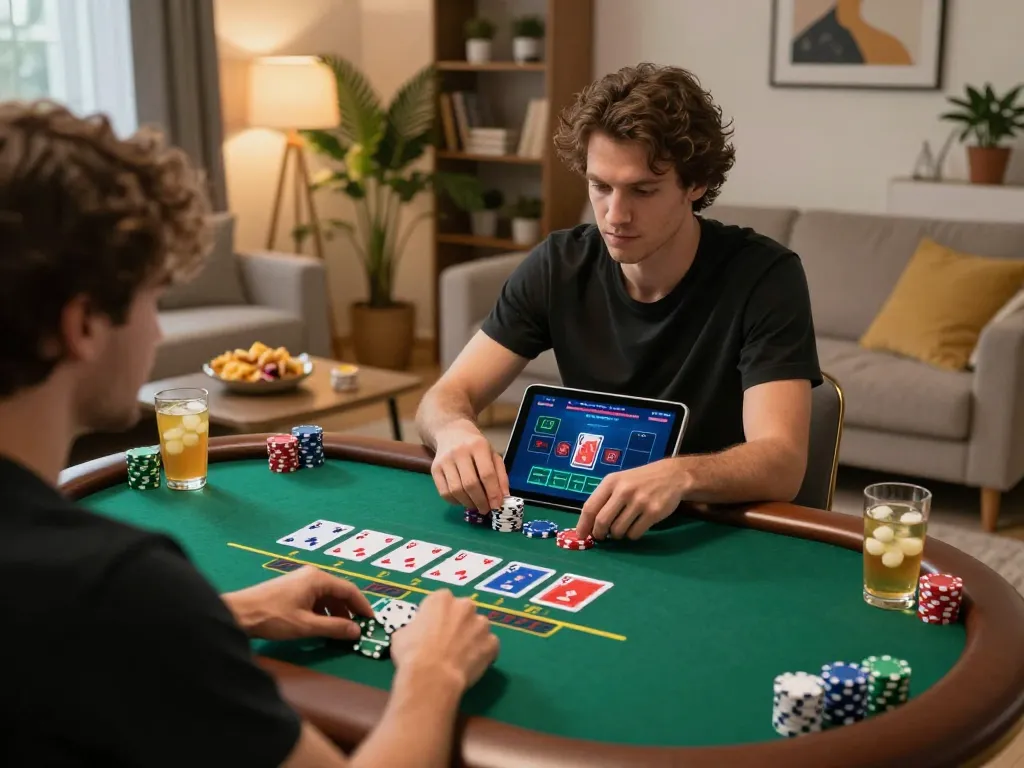 MMOO player strategizing during an online blackjack session at home with tablet.