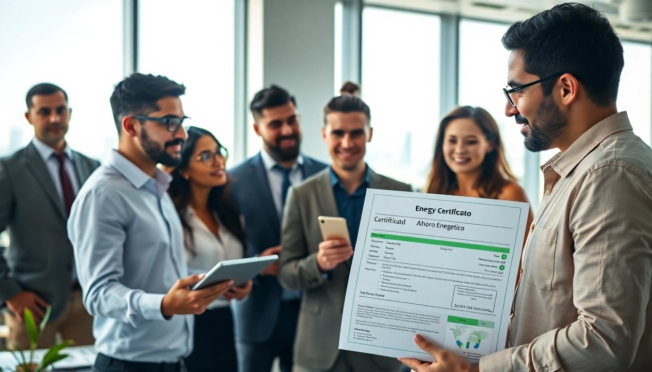 Revisión del Certificado Ahorro Energético en una oficina, con profesionales colaborando.