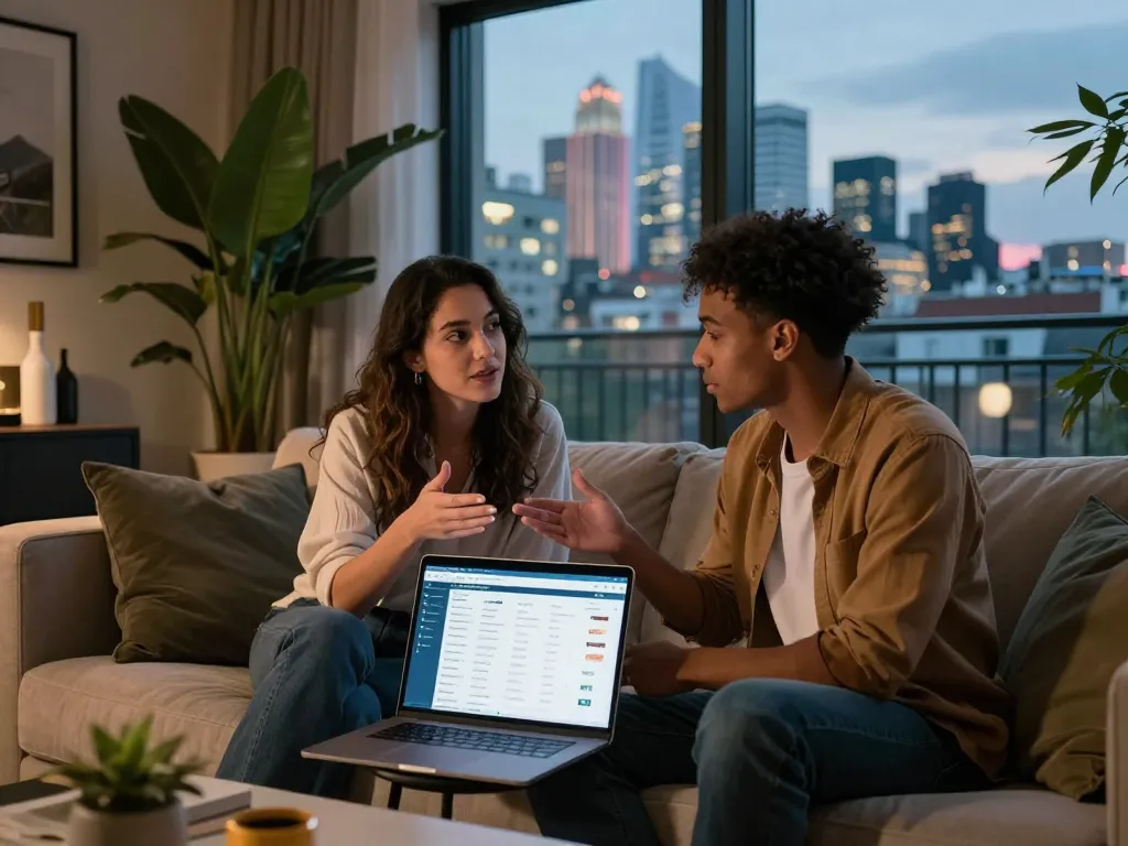 Airbnb management London scene with a couple discussing strategies in a stylish apartment.