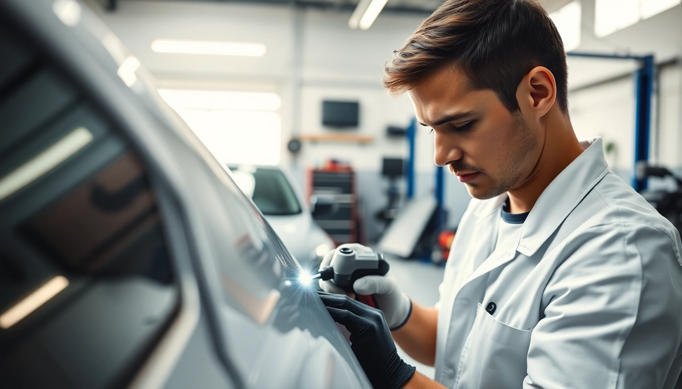 ScuffDoc technician expertly repairing vehicle bodywork in a modern garage.