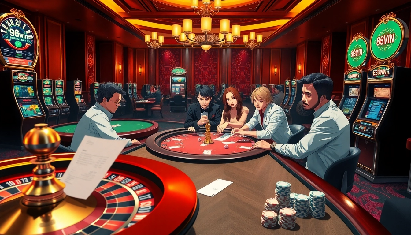 Experience the excitement of 98win with players betting on vibrant poker tables and roulette games.