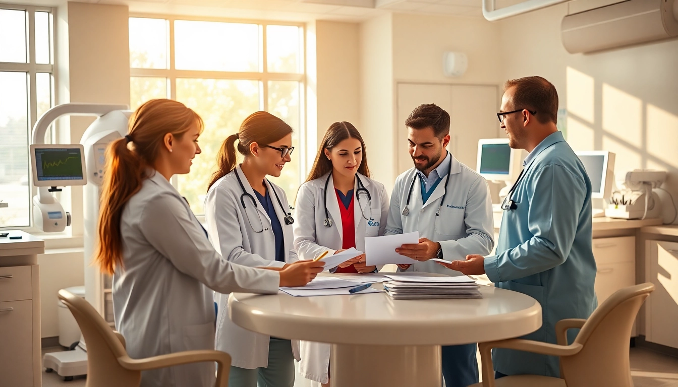 Engaged professionals collaborating on patient care at https://www.medexdtc.com in a modern clinic.