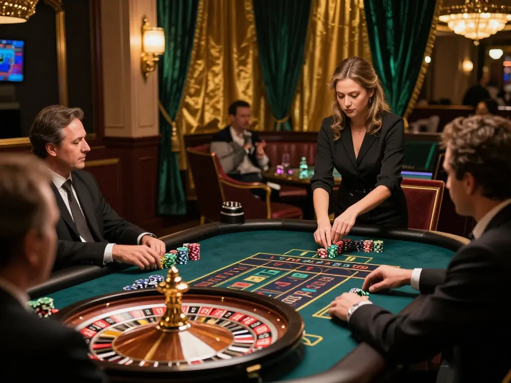 Place your bets at TG777 while the croupier spins the roulette wheel in a luxurious casino setting.