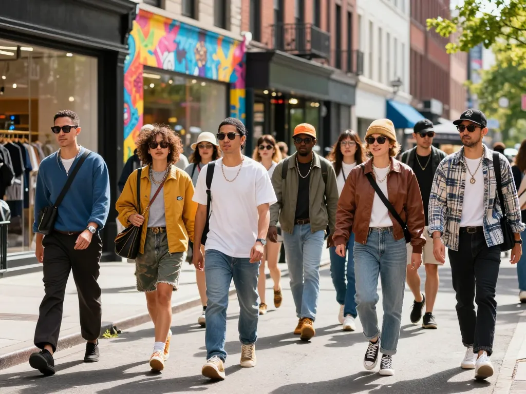 Fashionable young adults wearing stylish 레플리카 outfits in a vibrant urban street scene.