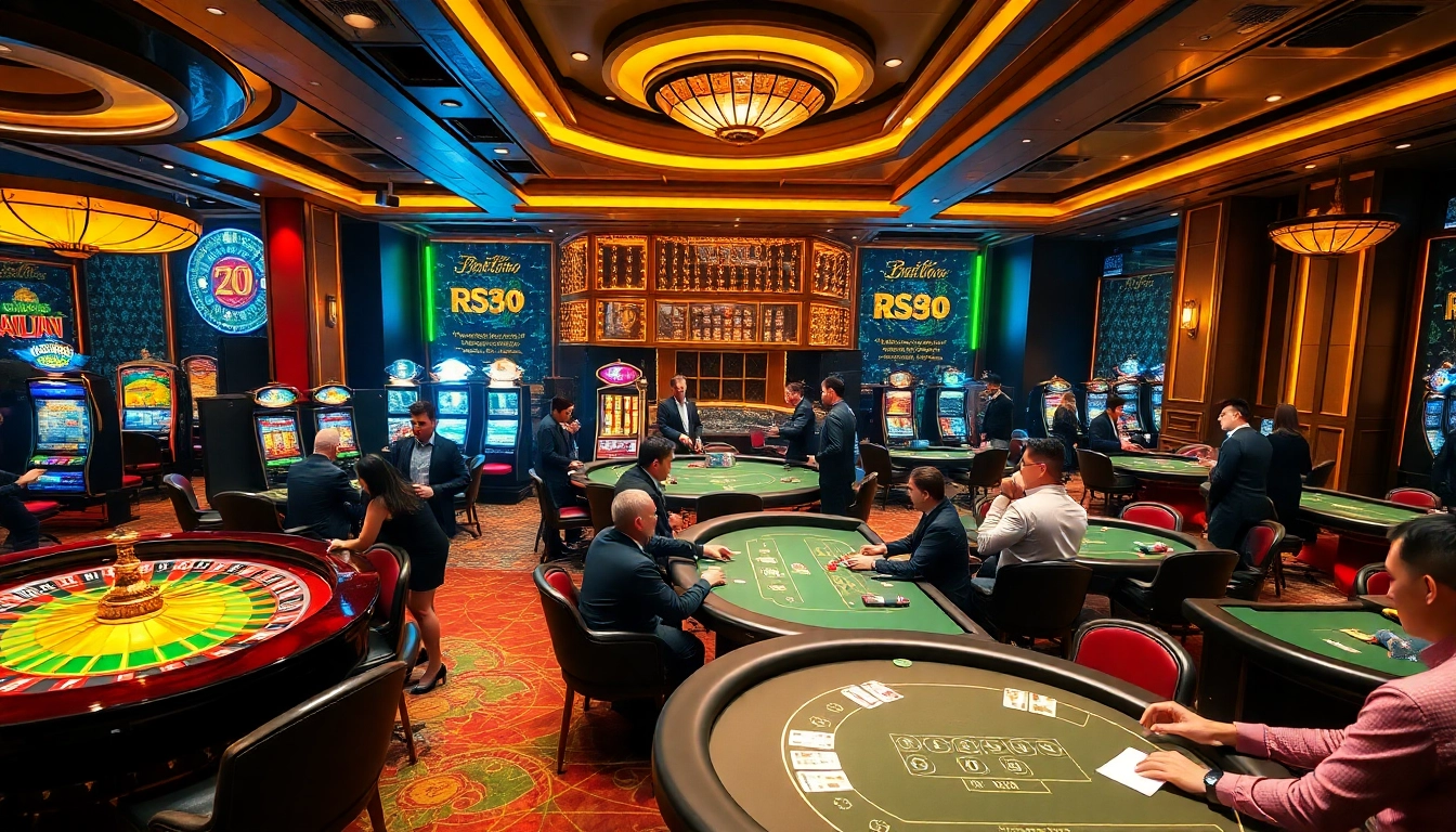 RR88 players strategizing at an elegant casino setting with poker tables and vibrant slot machines.
