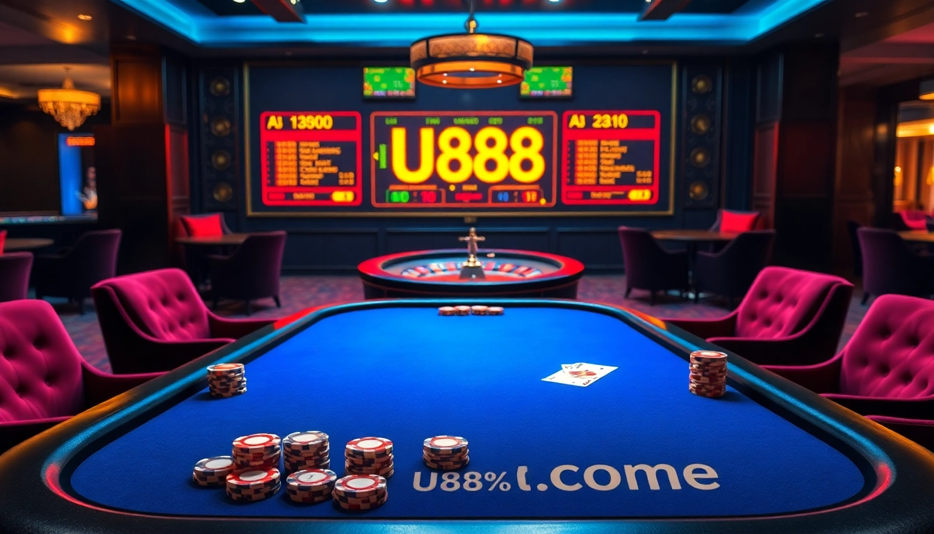 Engage in thrilling gameplay at U888 com with a vibrant casino scene showcasing poker and roulette excitement.