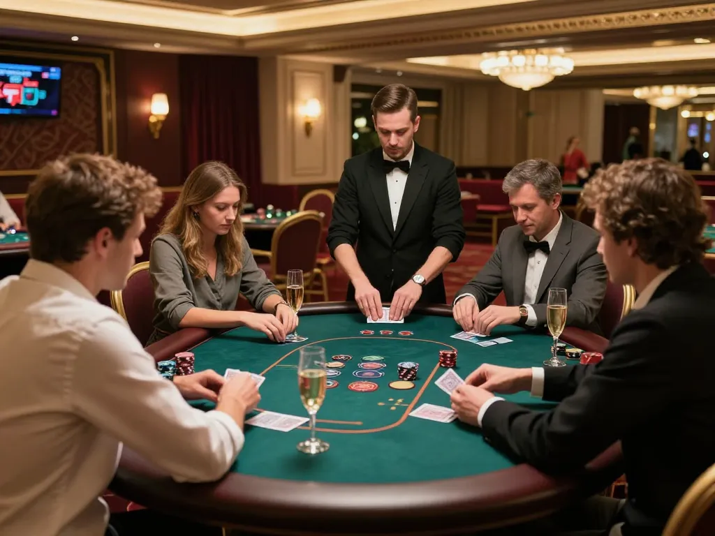 kp88 vip players strategizing at a high-stakes poker table in a luxurious casino atmosphere