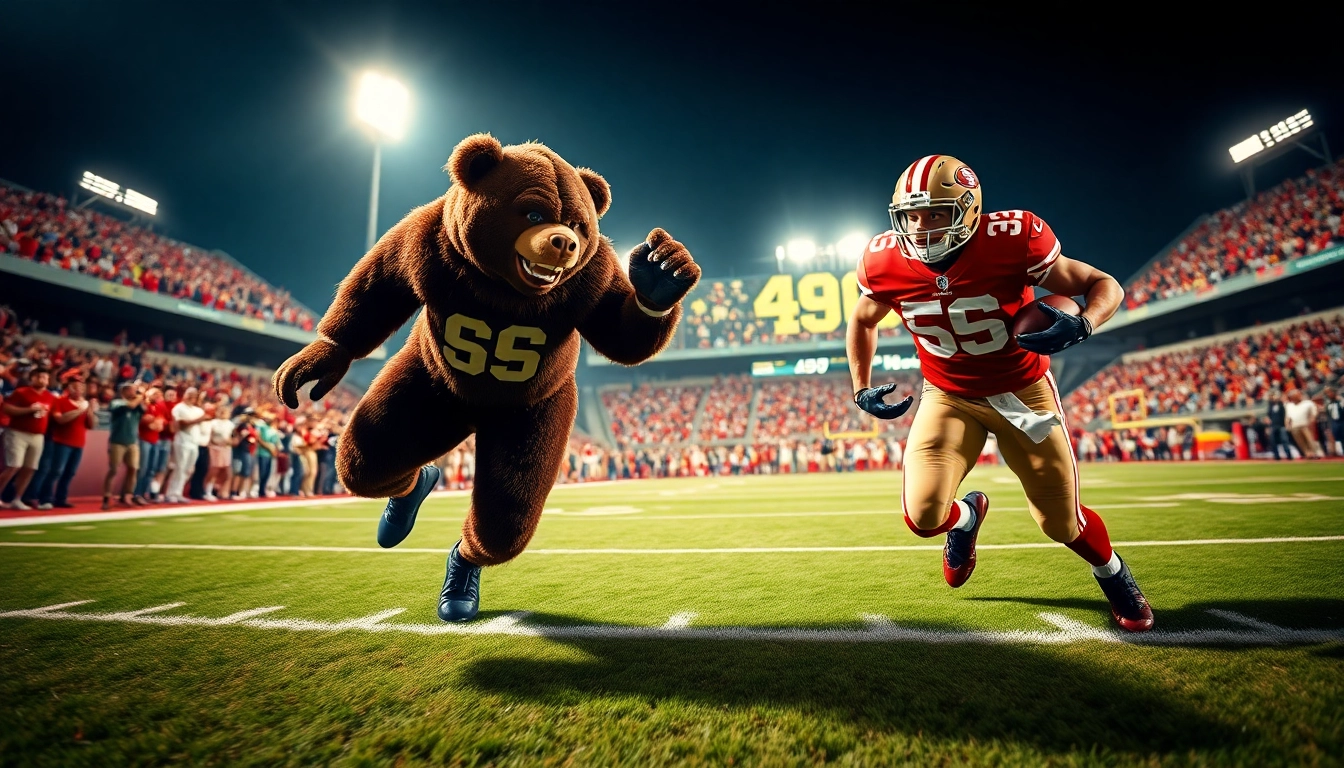 Intense football clash between bears vs 49ers players on vibrant field.