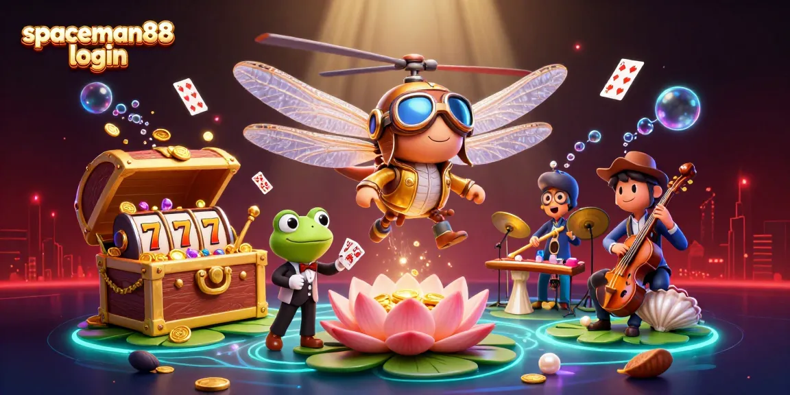 Engage with spaceman88 login at the lively lily pad casino with croupiers dealing cards amidst vibrant characters.