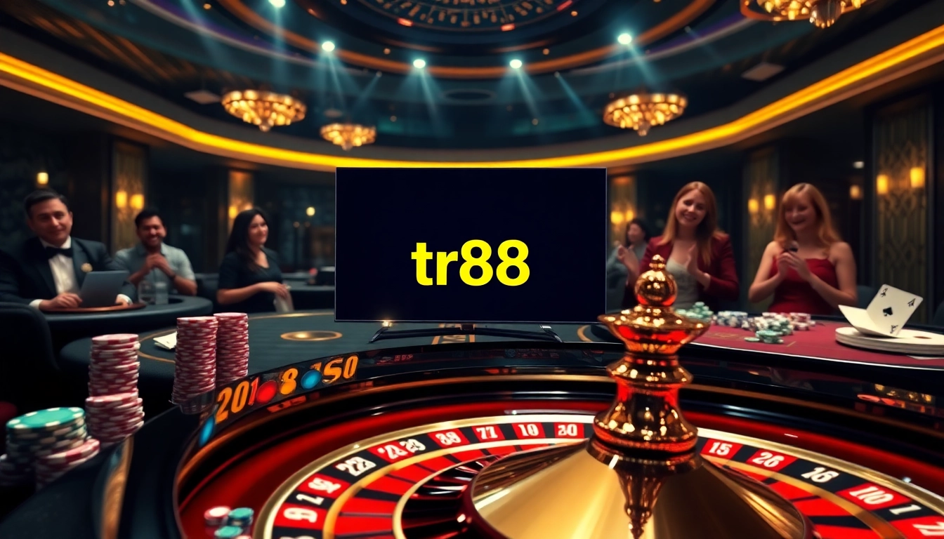 Exciting casino gameplay at tr88 featuring roulette, poker chips, and engaging gamblers.