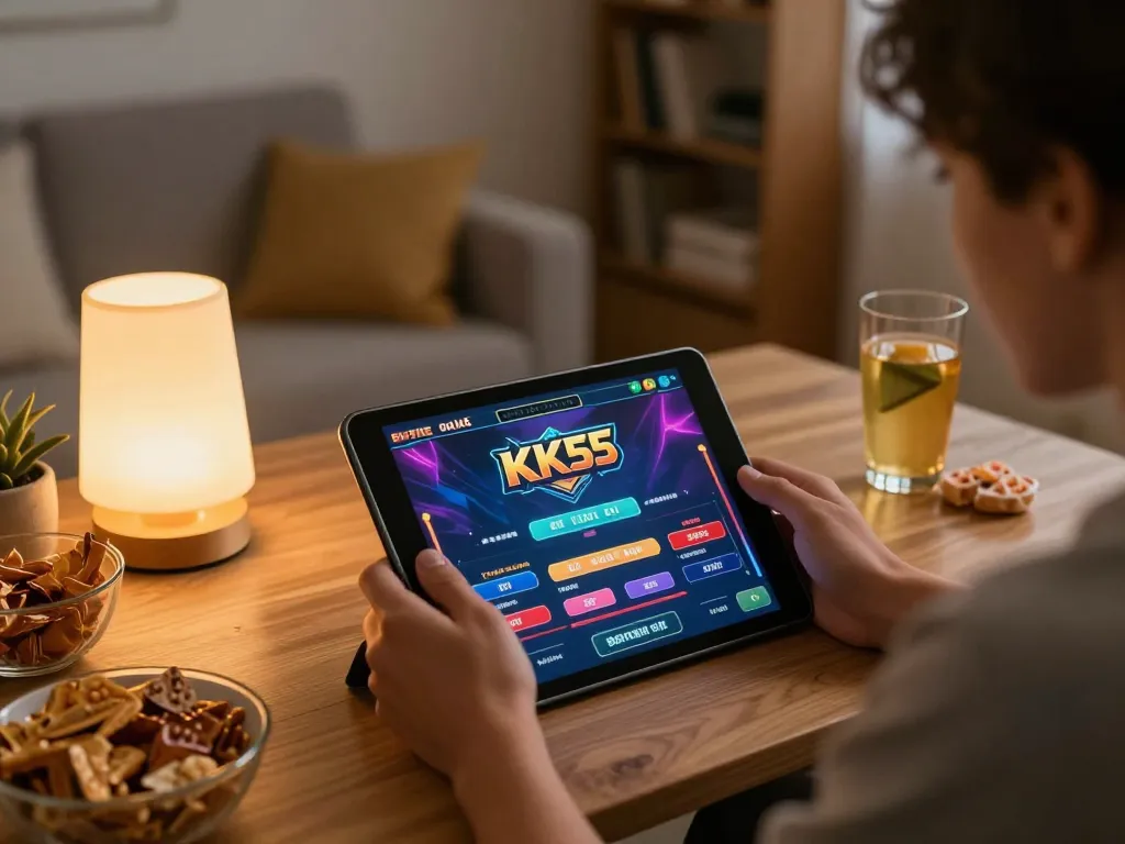 Engaging with the KK55 online casino experience through a tablet in a cozy home setting.
