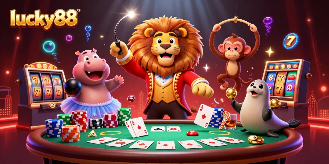 Experience the thrill of lucky88 with a vibrant casino scene featuring animated characters and dynamic slot elements.