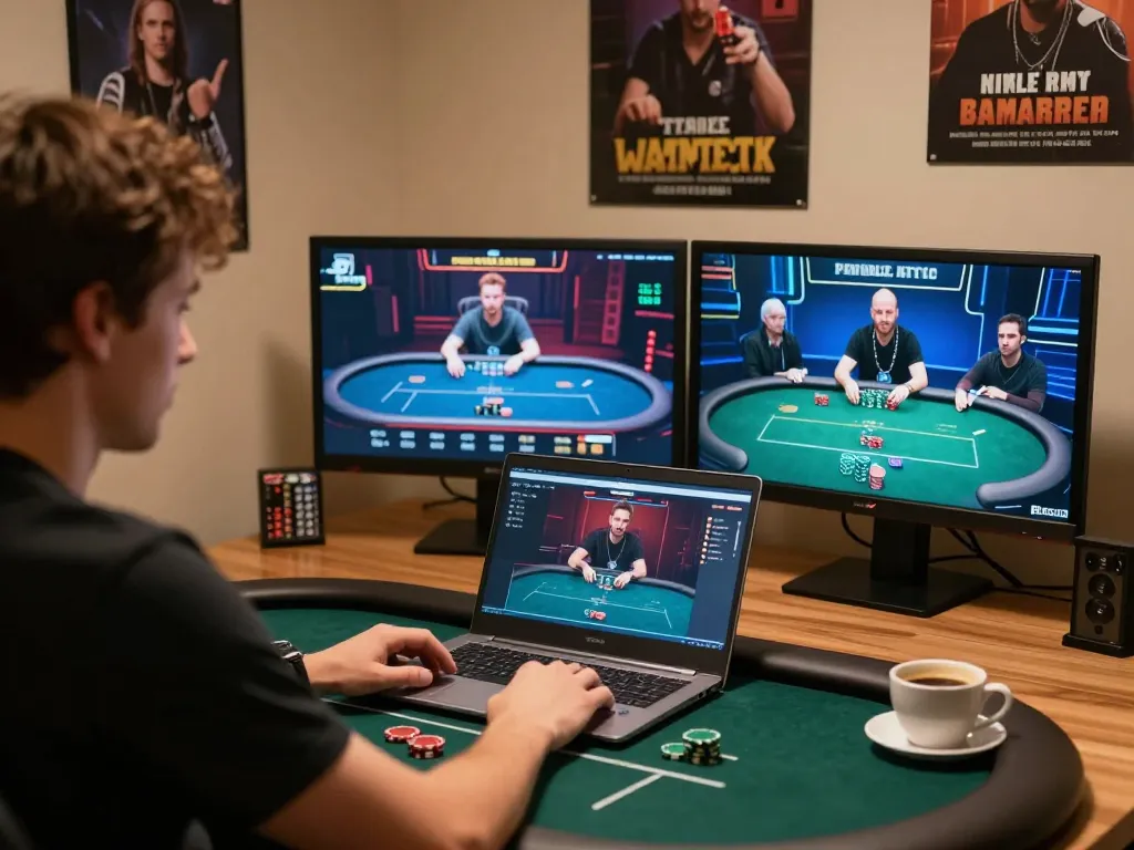 Player strategizing in an online poker game at xx88, showcasing gaming expertise in a cozy setting.
