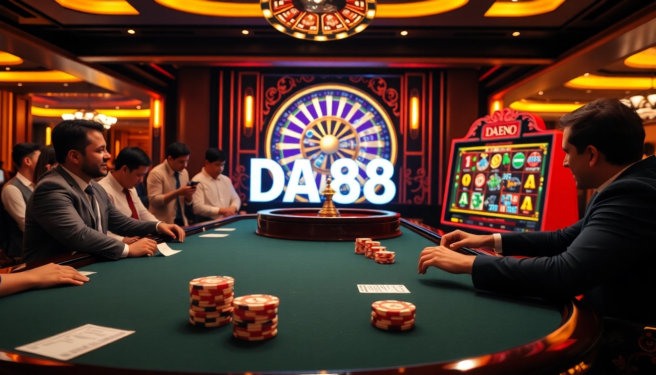 Players engaging at a poker table in a luxurious casino, highlighting DA88-themed elements.