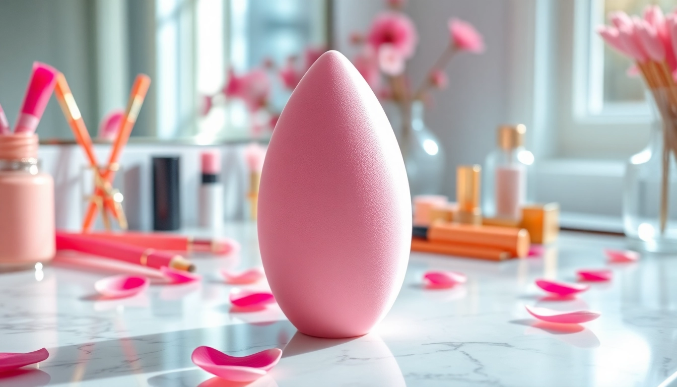 Apply makeup effortlessly with a silicone beauty blender on a chic vanity surrounded by colorful tools.