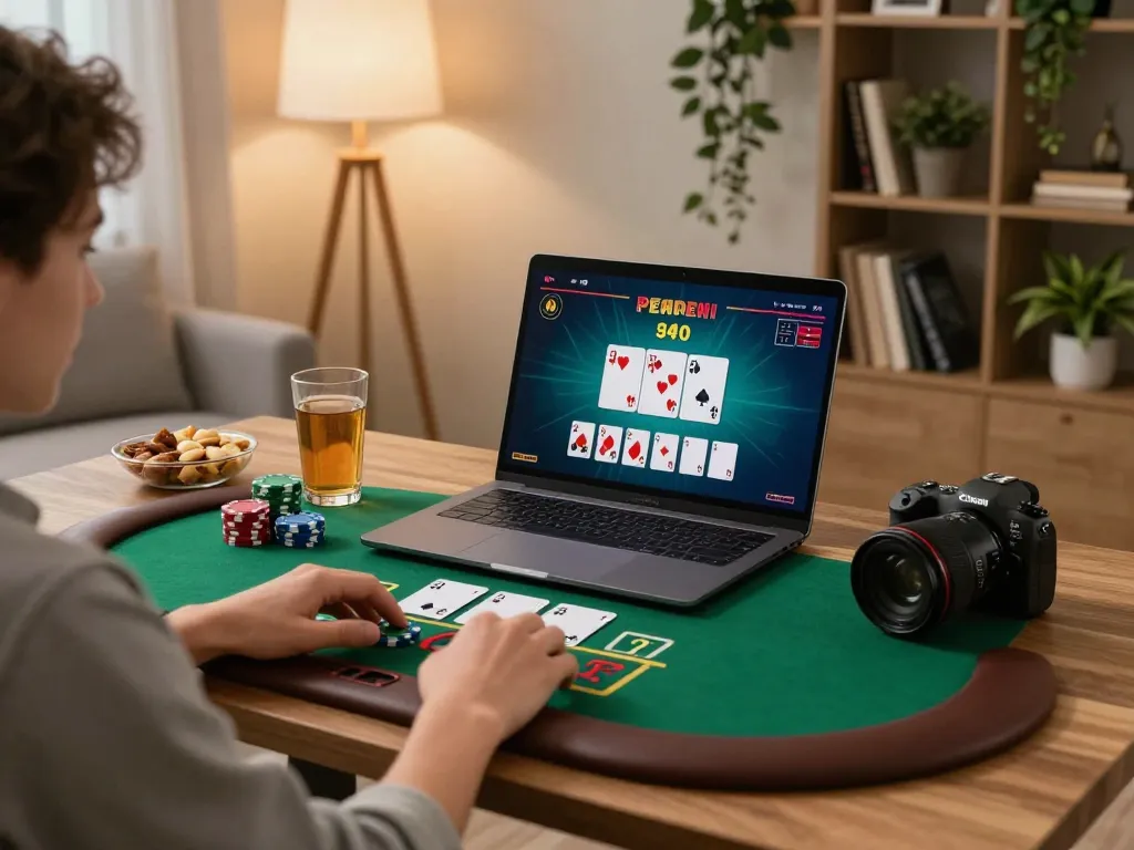 Player enjoying blackjack on the tr88 homepage, surrounded by snacks and drinks in a cozy setting.