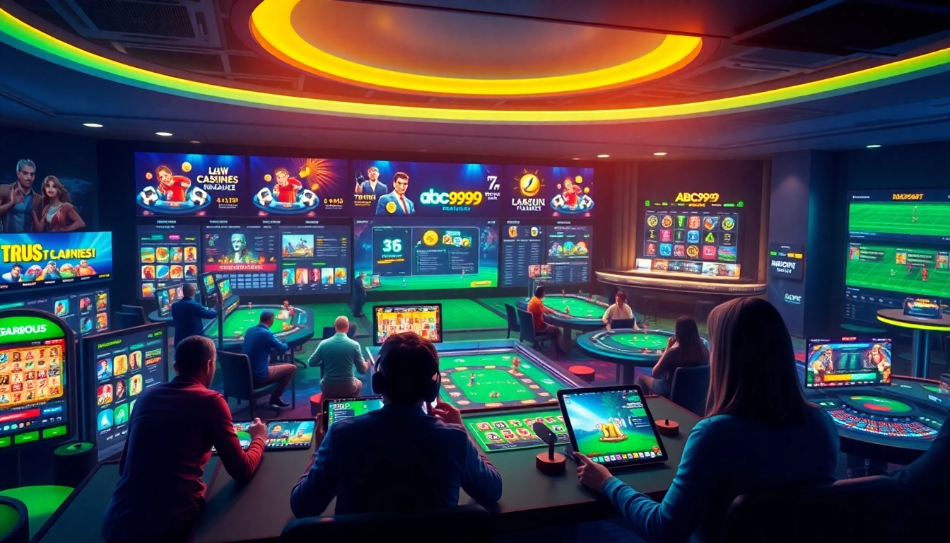 ABC999 online betting platform showcasing vibrant slot games and live casino tables.