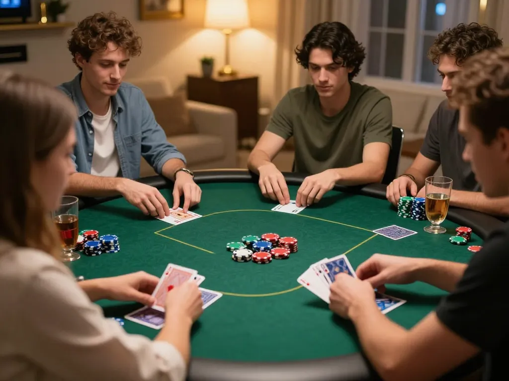 Engaging poker game scene with 오피가이드 in luxurious home setting, players analyzing cards and strategies.