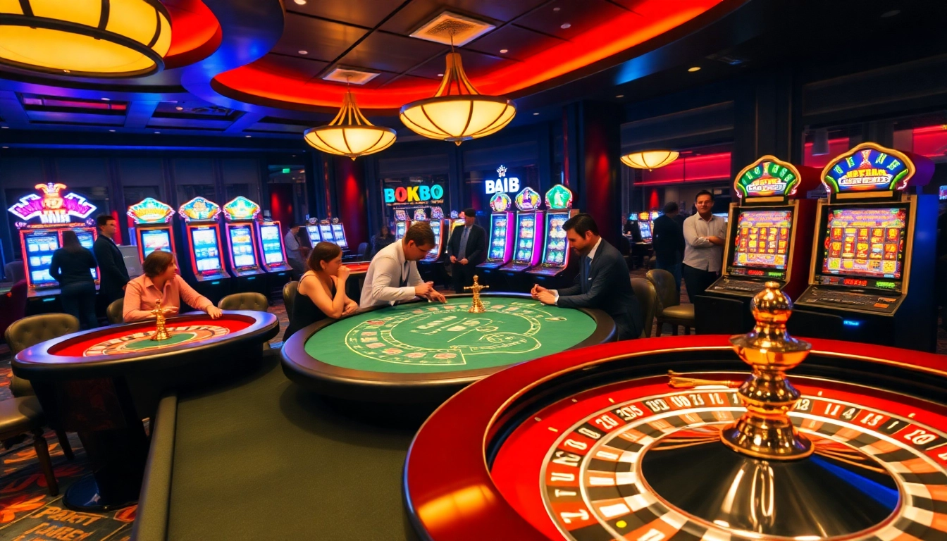 Players enjoying high-stakes gaming at https://bong88.casa/ with poker tables and slot machines.