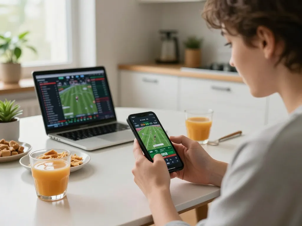 Engaging in 23win mobile sports betting, analyzing game odds on smartphone at home.