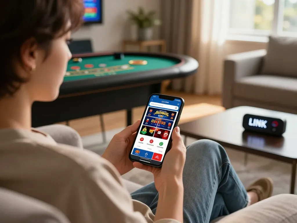 Player engaging with the LINK SUNWIN app on smartphone while seated comfortably, showcasing online gaming activities.