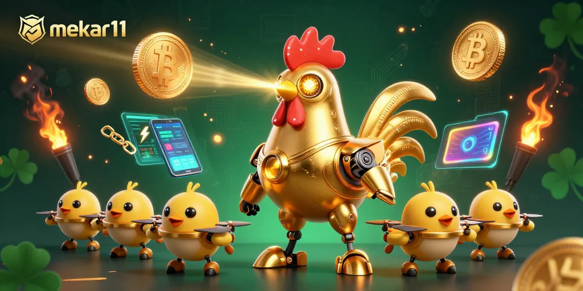 Engage in the thrilling world of Mekar11, showcasing an advanced retro-futuristic golden rooster robot amidst vibrant gambling elements.