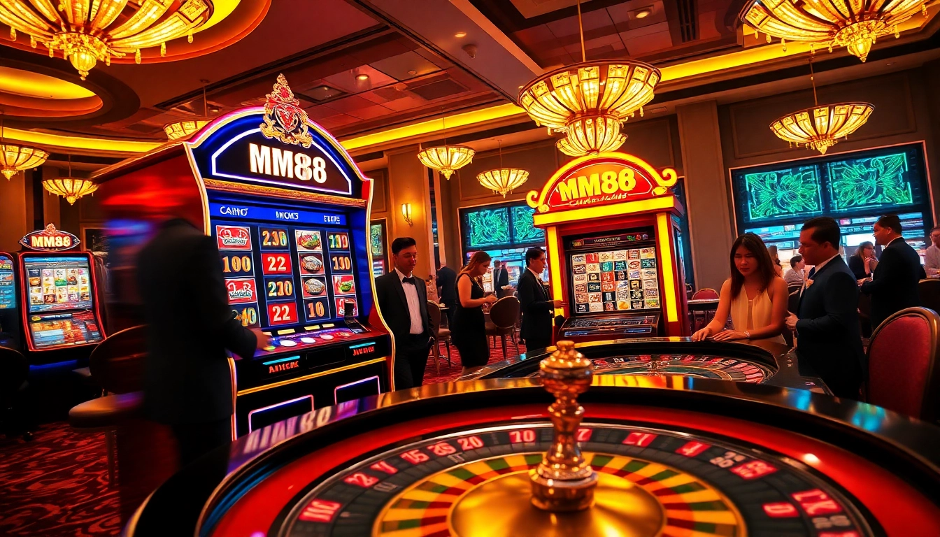 Players enjoying the MM88 slot machine and roulette table, capturing the thrill of casino gaming.