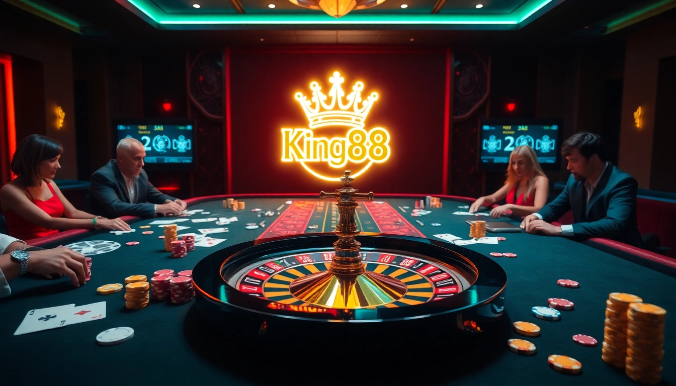 Exciting gambling scene at King88 casino with players at roulette and gaming tables.