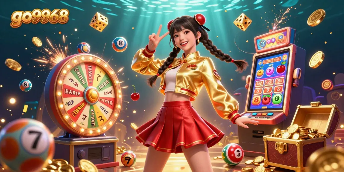 Engage with go9968's vibrant casino scene featuring a lively Asian woman amidst thrilling gambling elements.