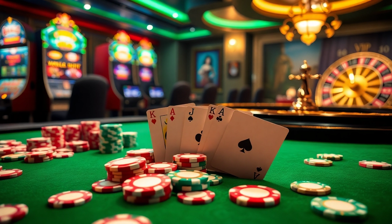 A thrilling poker scene showcasing 68VIP with glamorous chips and winning cards at a casino table.