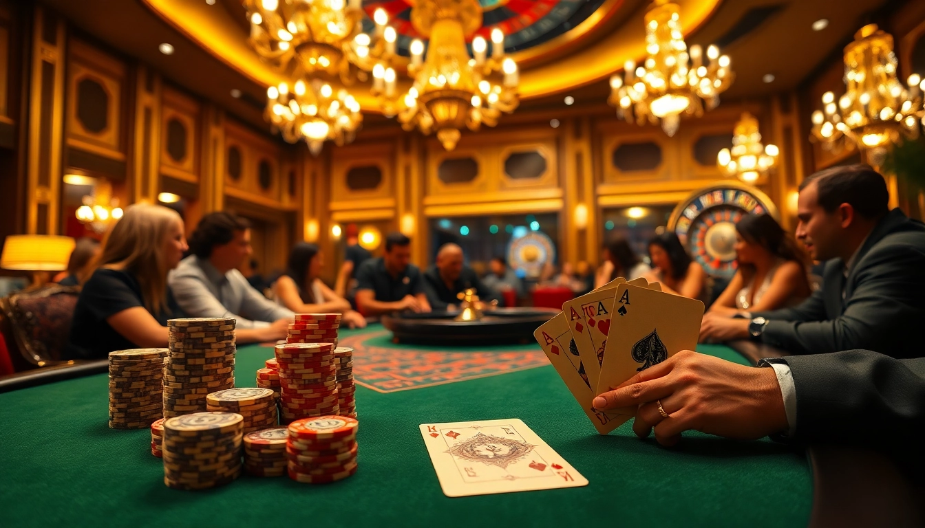 Players strategizing and placing bets at RR99's premier poker table in a vibrant casino atmosphere.