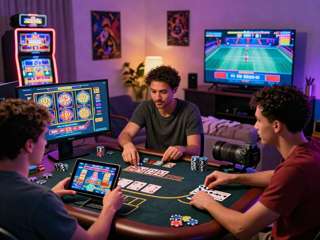 Engaging scene of players enjoying casino online games with colorful slots and cozy ambiance.