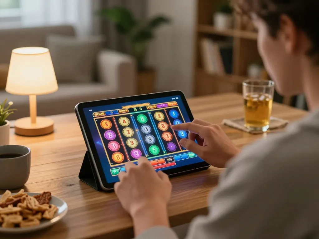 Engaging tg88 online gaming scene with player interacting with colorful slot machine app on tablet, immersed in the experience.