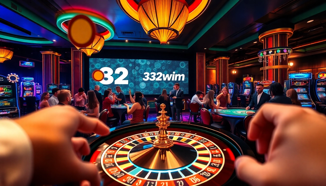 Exciting players enjoying high-stakes gaming at 32wim casino tables, showcasing luxury and adrenaline.