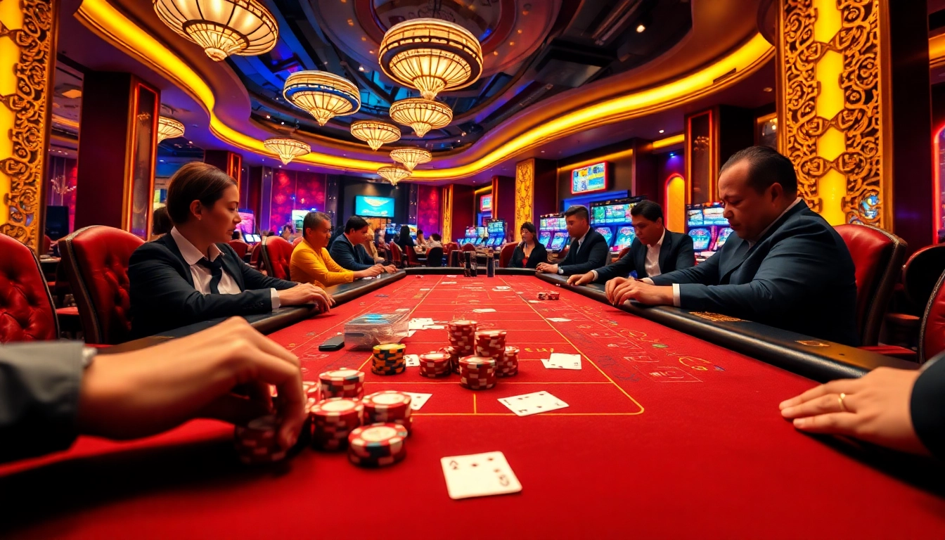 Tài Xỉu MD5 gaming table surrounded by excited players in a vibrant casino.